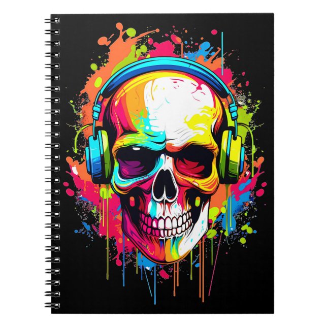 Colourful Skull wearing headphones Notebook (Front)