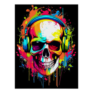 Colourful Skull wearing headphones Poster