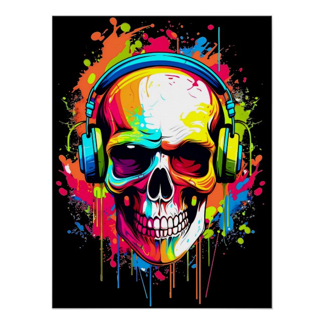 Colourful Skull wearing headphones Poster (Front)