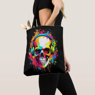 Colourful Skull wearing headphones Tote Bag