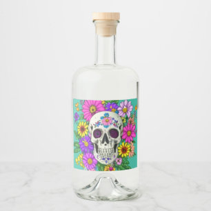 colourful skull with flowers liquor bottle label