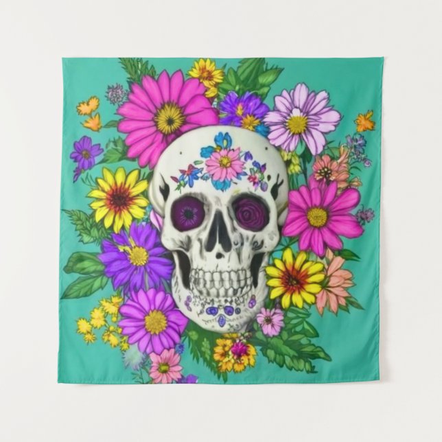 colourful skull with flowers  tapestry (Front)