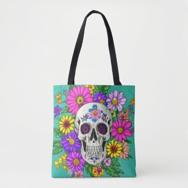 colourful skull with flowers  tote bag (Front)