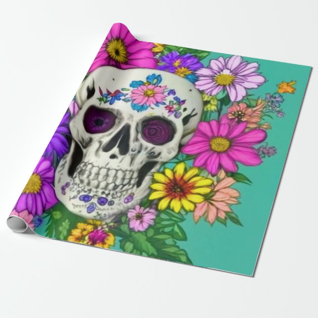 colourful skull with flowers  wrapping paper (Unrolled)