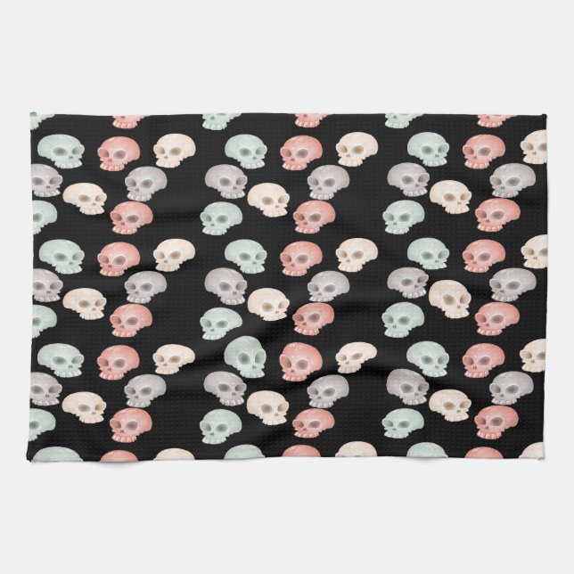 colourful skulls on black tea towel (Horizontal)