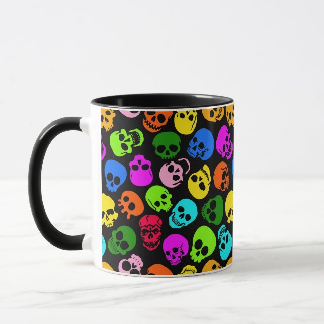 Colourful Skulls pattern in black Mug (Left)