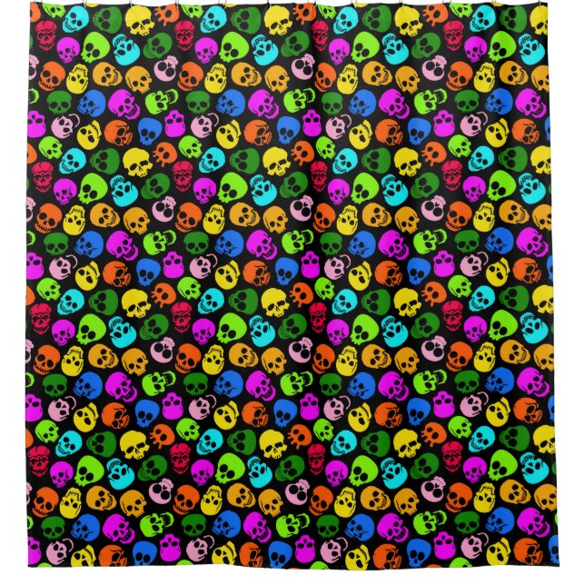 Colourful Skulls pattern in black Shower Curtain (Front)
