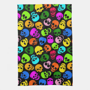 Colourful Skulls pattern in black Tea Towel