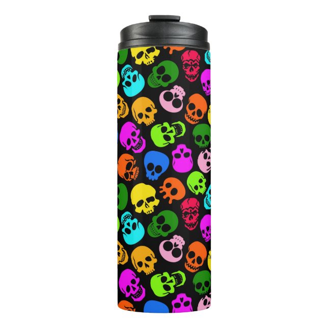 Colourful Skulls pattern in black Thermal Tumbler (Front)