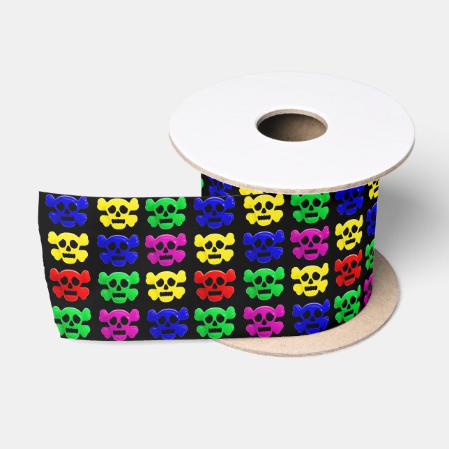 Colourful skulls pattern satin ribbon (Spool)