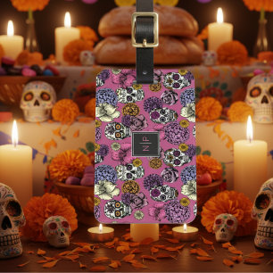 Colourful Skulls Trendy Monogram Pink Luggage Tag