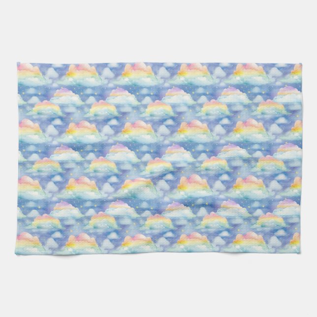 Colourful Sky Background with Clouds, Stars Tea Towel (Horizontal)