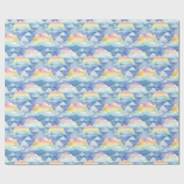 Colourful Sky Background with Clouds, Stars Wrapping Paper (Flat)