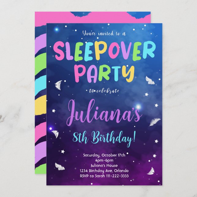 Colourful Sleepover Party Birthday Invitation (Front/Back)