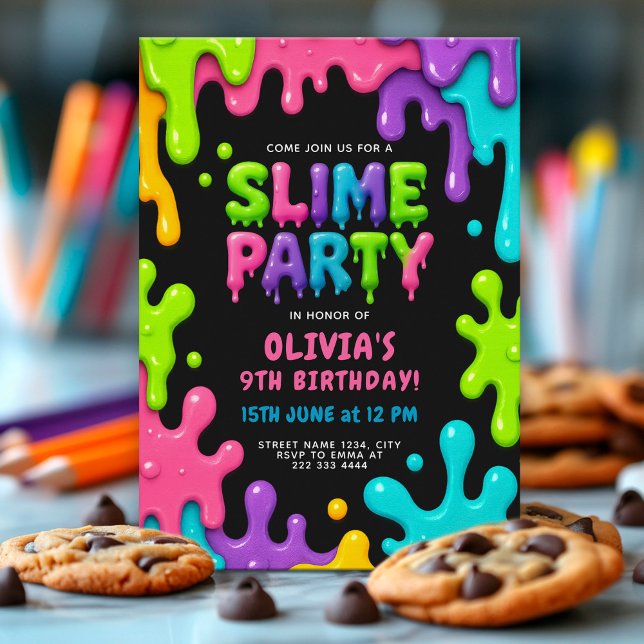 Colourful Slime Birthday Party with Neon Goo Drips Invitation (Creator Uploaded)