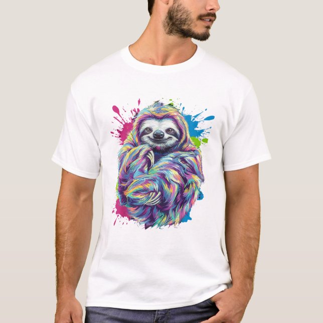 Colourful Sloth Cute Animal Art Funny Graphic Tee  (Front)