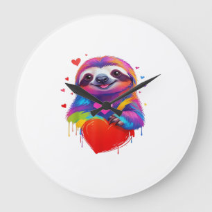 Colourful Sloth T-Shirt - Rainbow Sloth Heart Anim Large Clock