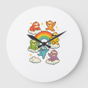 Colourful Sloths With A Rainbow Kawaii Sloth T-Shi Large Clock