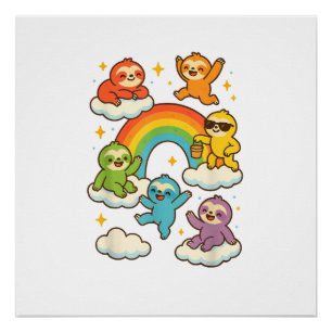 Colourful Sloths With A Rainbow Kawaii Sloth T-Shi Poster