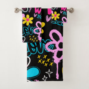 Colourful Smiley Flower Graffiti Pattern Baby Bib Bath Towel Set