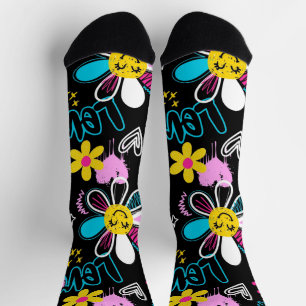 Colourful Smiley Flower Graffiti Pattern  Socks