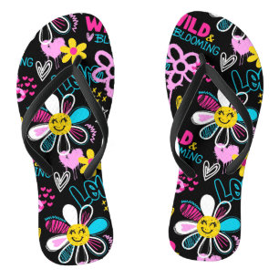 Colourful Smiley Flower Graffiti Pattern Thongs