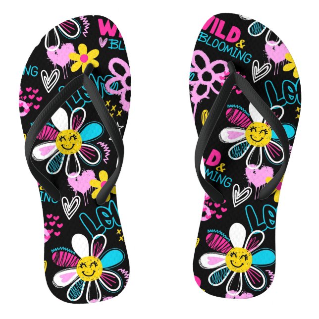 Colourful Smiley Flower Graffiti Pattern Thongs (Footbed)