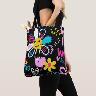 Colourful Smiley Flower Graffiti Pattern Tote Bag