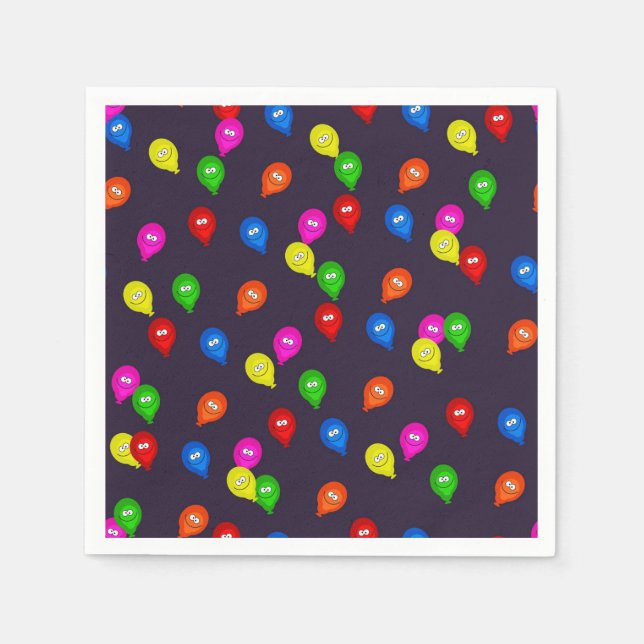 Colourful Smiling Balloons Black Paper Napkin (Front)