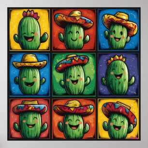 Colourful Smiling Cactus Grid Art for Kids' Rooms Poster