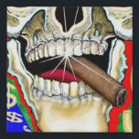 Colourful Smiling Cigar Skull Pop Art Faux Canvas Print<br><div class="desc">You'll enjoy this colourful pop art canvas print! Features a skull face smiling deviously while holding a smoking cigar in its mouth with sparkling teeth and a red tongue. Dollar signs flow around the skull. The rest of the background is blue,  red and green.</div>
