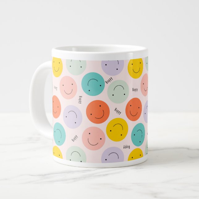 Colourful Smiling Happy Face Pattern Large Coffee Mug (Front Left)