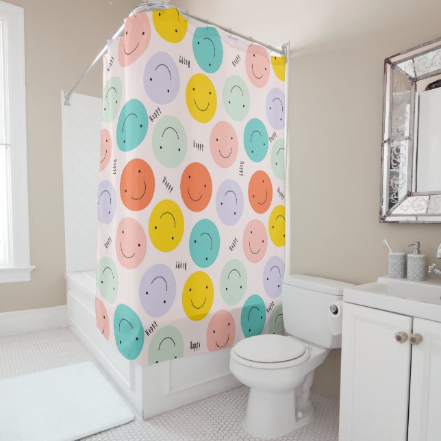 Colourful Smiling Happy Face Pattern Shower Curtain (In Situ)