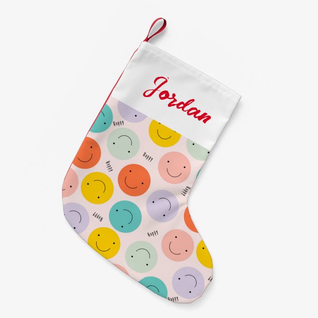 Colourful Smiling Happy Face Pattern Small Christmas Stocking (Front (Hanging))