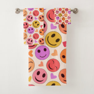 Colourful Smiling Happy faces with hearts   Bath Towel Set