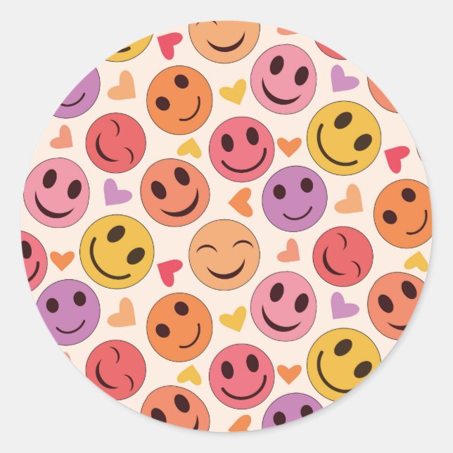 Colourful Smiling Happy faces with hearts   Classic Round Sticker (Front)