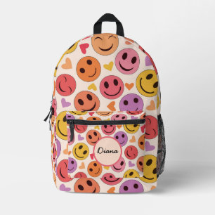 Colourful Smiling Happy faces with hearts Name Printed Backpack