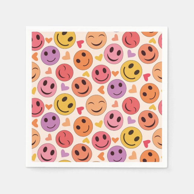 Colourful Smiling Happy faces with hearts   Napkin (Front)