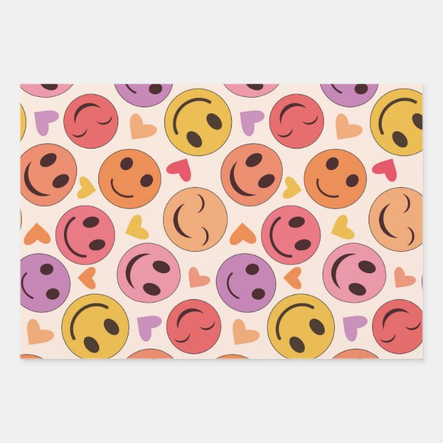 Colourful Smiling Happy faces with hearts   Wrapping Paper Sheet (Front)