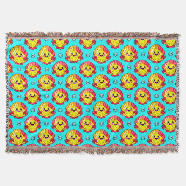 Colourful Smiling Seashells and Crabs Throw Blanket (Front)