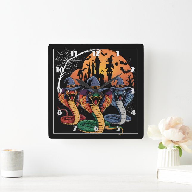 Colourful snakes in witch hats for Halloween night Square Wall Clock (Home)