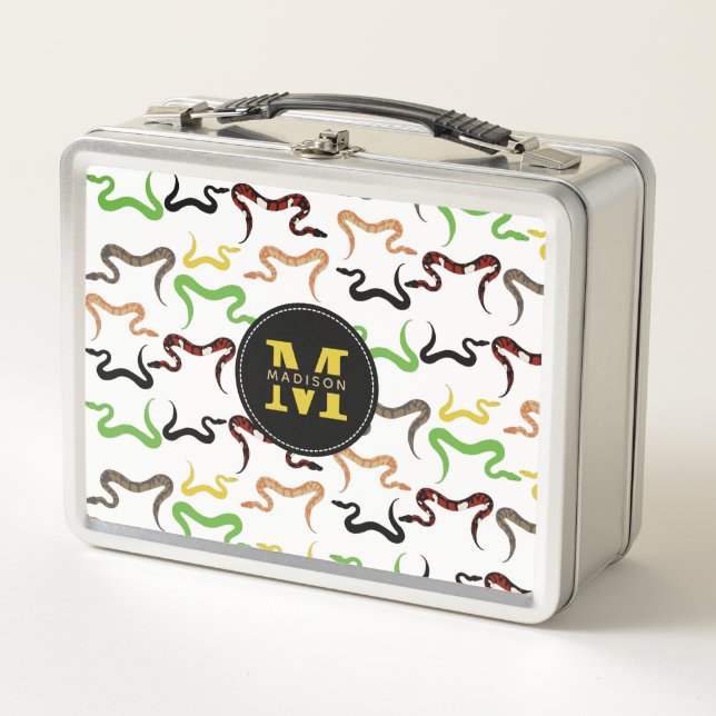 Colourful Snakes Python Reptile Pattern Monogram Metal Lunch Box (Front)