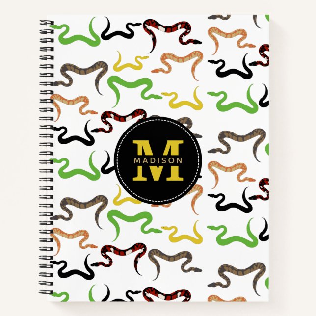 Colourful Snakes Python Reptile Pattern Monogram Notebook (Front)