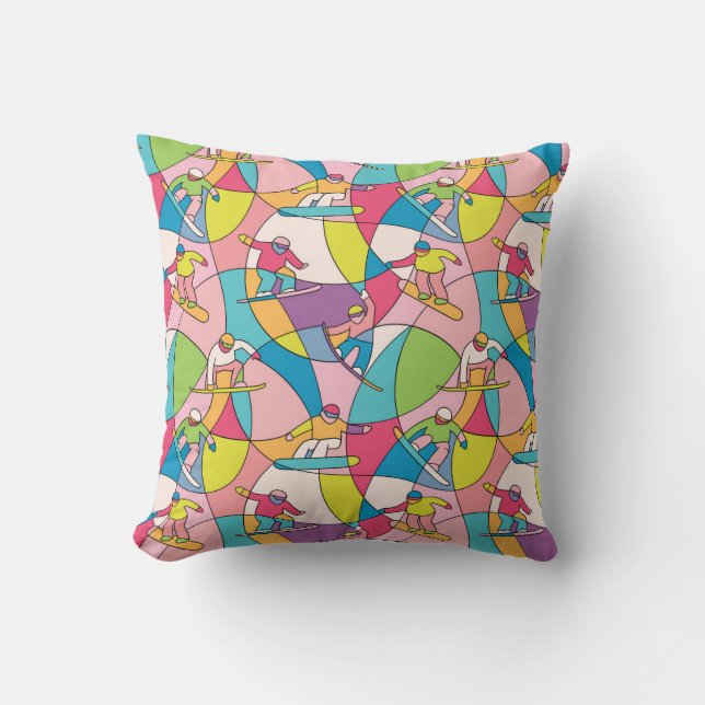 Colourful snowboarders: vintage seamless pattern. cushion (Front)