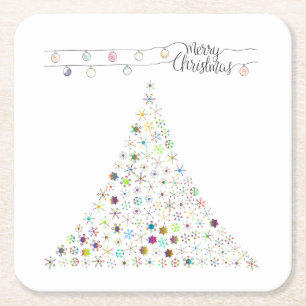 Colourful Snowflake Merry Christmas Tree Square Paper Coaster