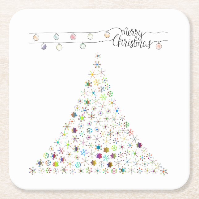 Colourful Snowflake Merry Christmas Tree Square Paper Coaster (Front)
