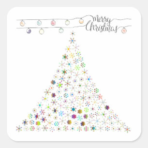 Colourful Snowflake Merry Christmas Tree Square Sticker