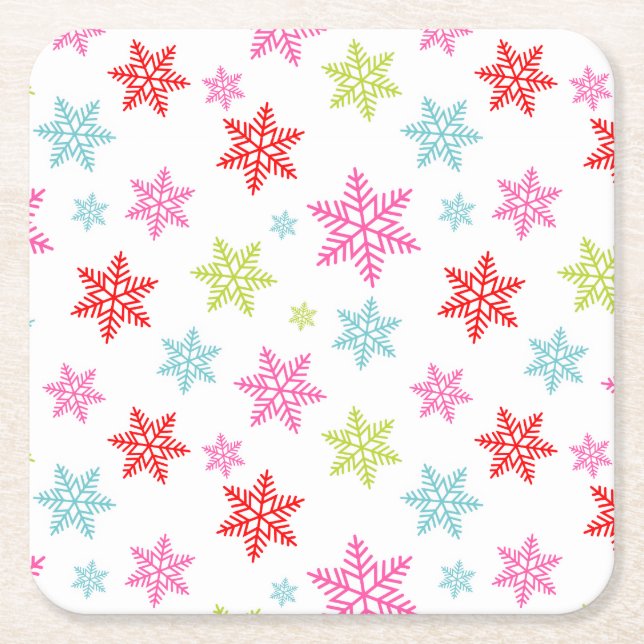 Colourful Snowflake Pattern – Festive Winter Desig Square Paper Coaster (Front)