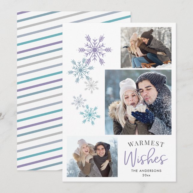 Colourful Snowflake Photo Purple Warmest Wishes Holiday Card (Front/Back)