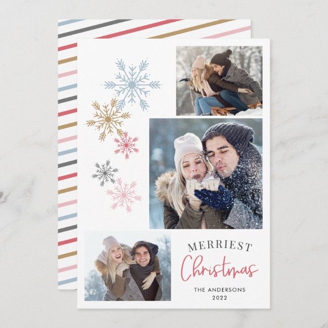 Colourful Snowflakes 3 Photos Merriest Christmas Holiday Card (Front/Back)